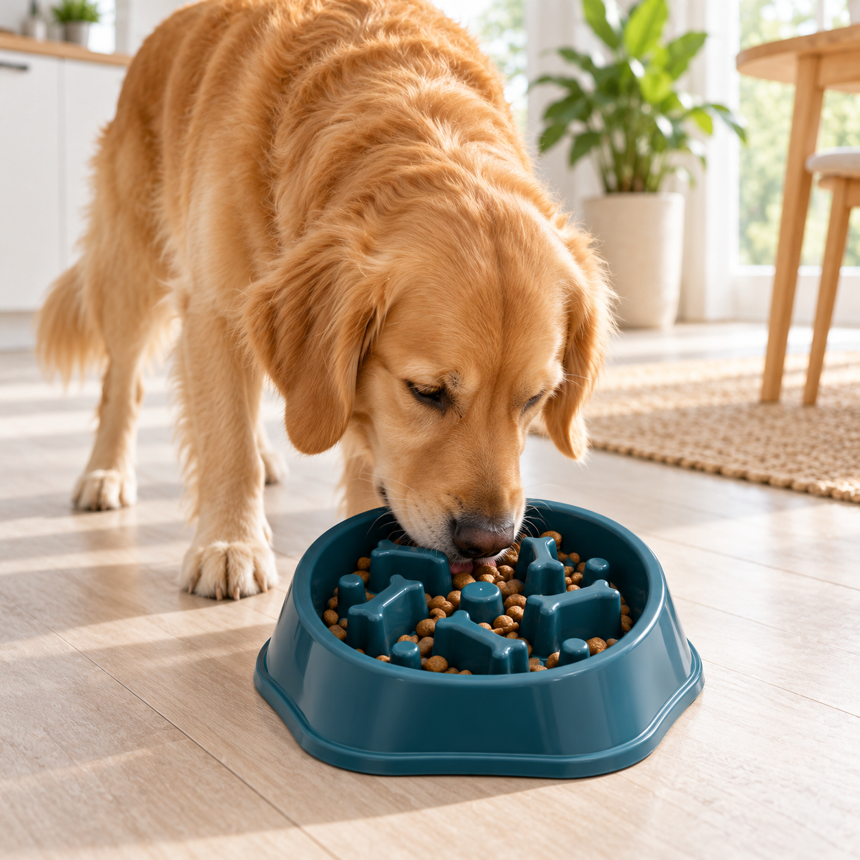 Mascota comiendo del comedero anti ansiedad